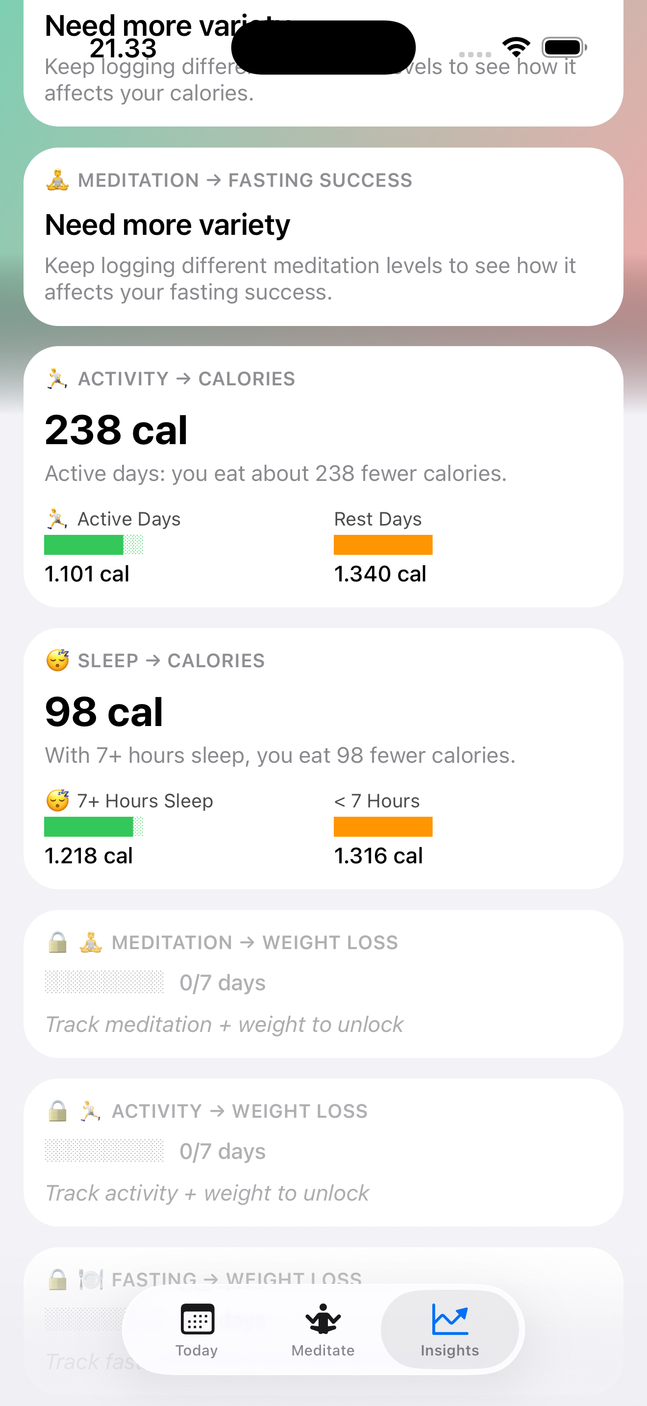 Dietflow app home dashboard showing unified metrics: meditation, fasting, calorie balance, and mood tracking all in one place