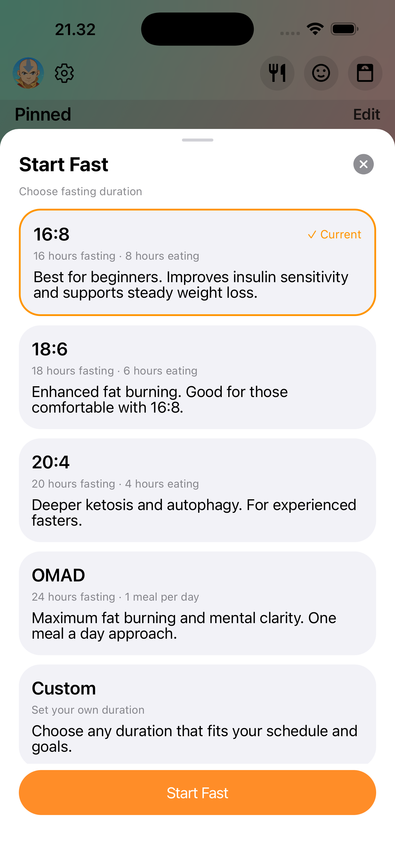 Fasting options with different protocols: 16:8, 18:6, 20:4, and OMAD